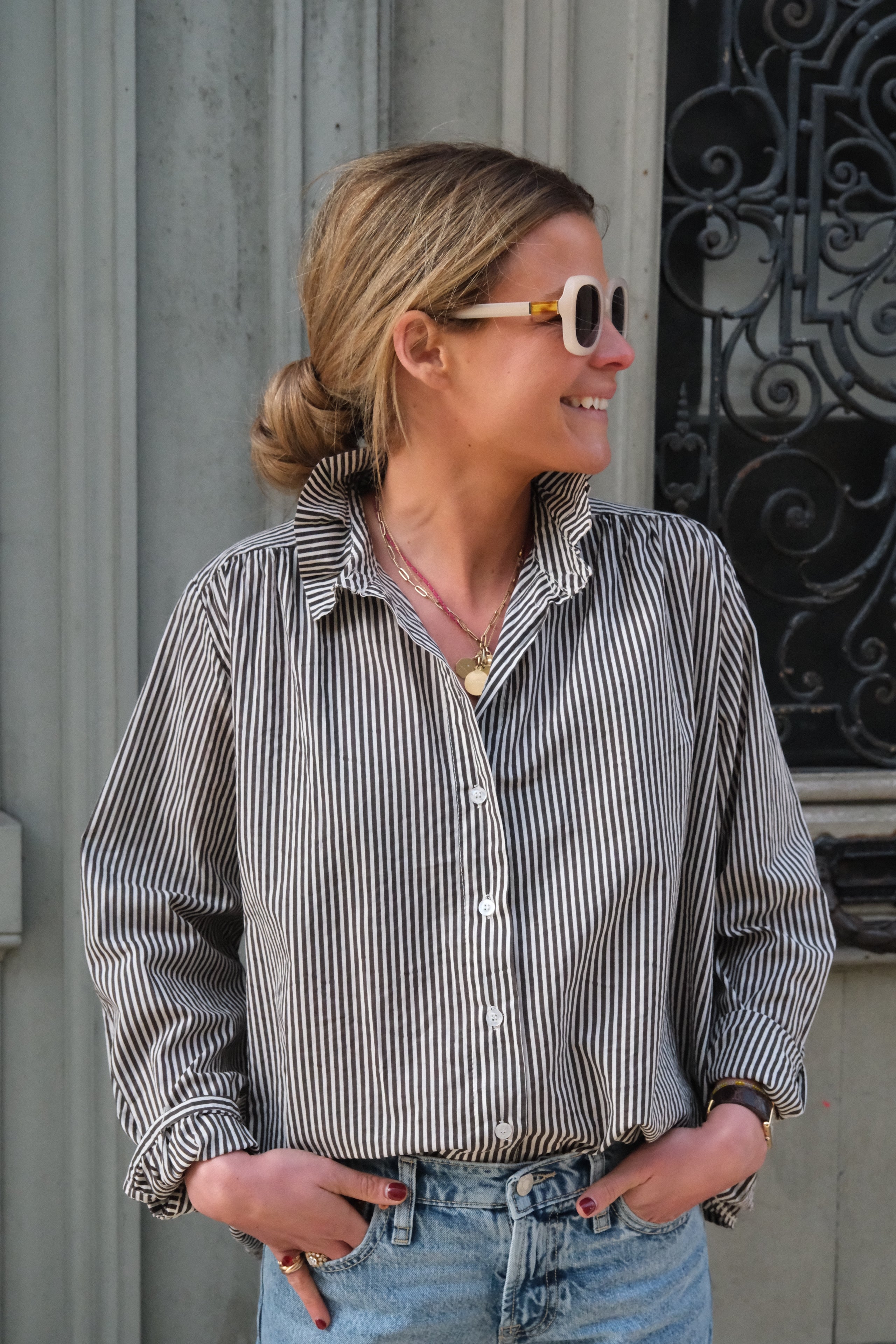 Faustine brown/grey stripe shirt