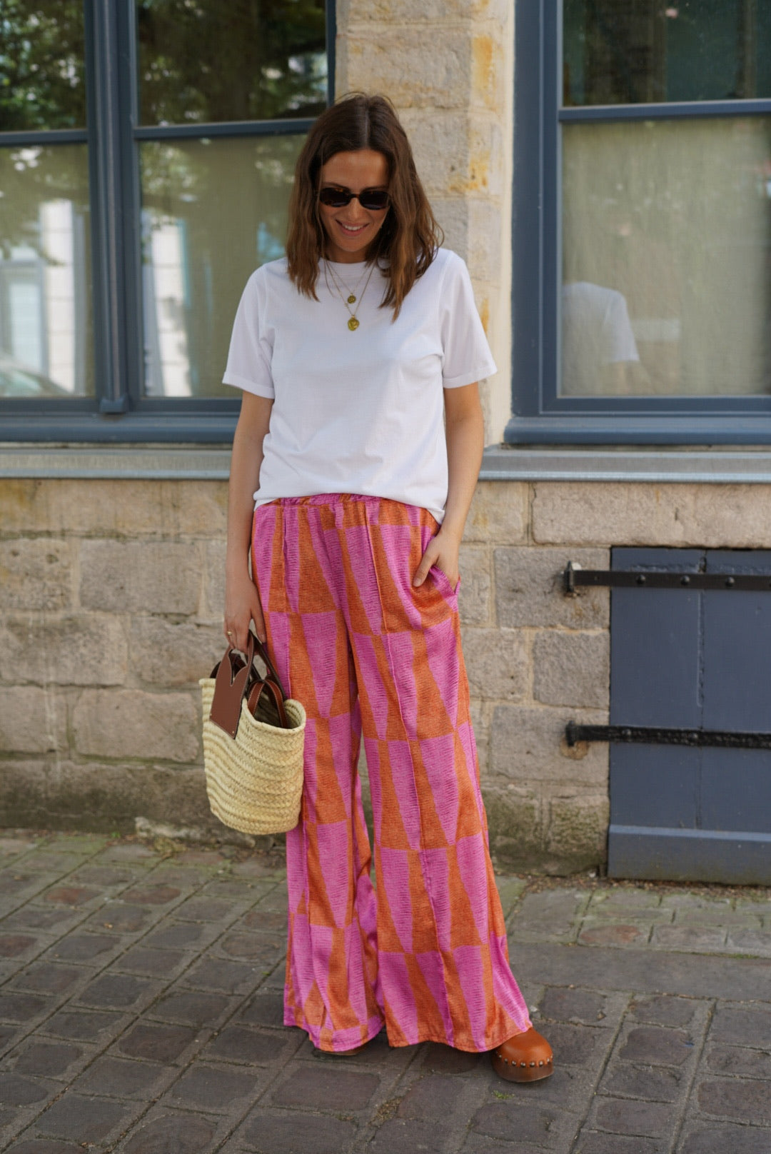 Pantalon Simon motif rose/orange