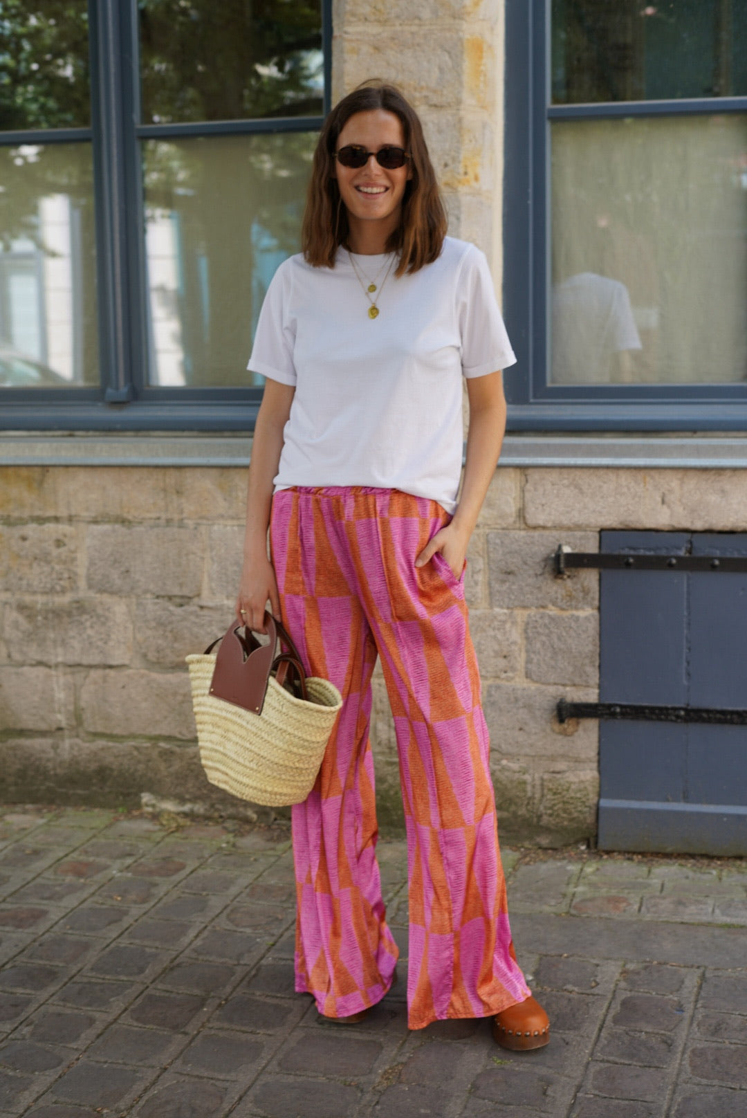 Pantalon Simon motif rose/orange