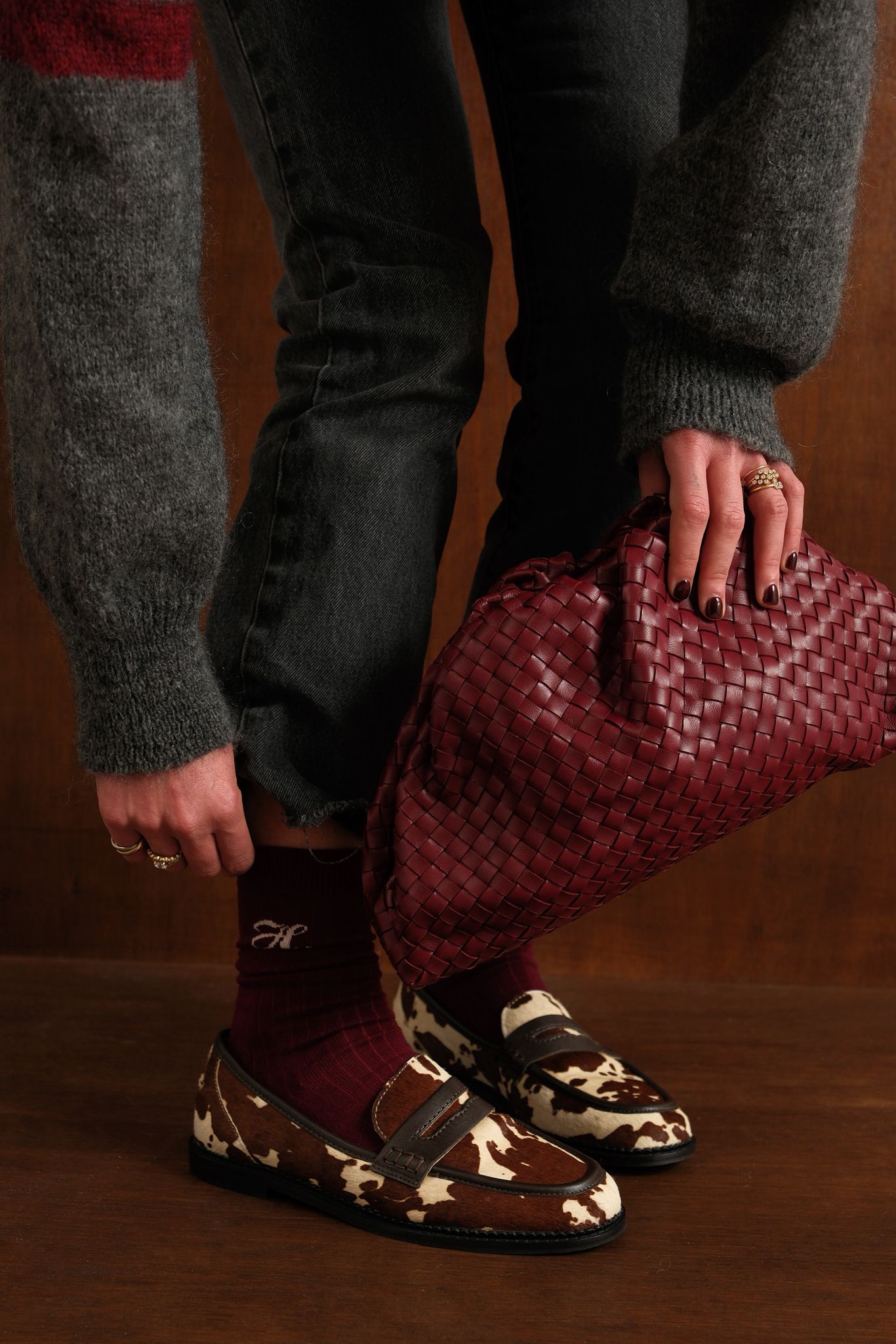 Sac pochon cuir tissé bordeaux