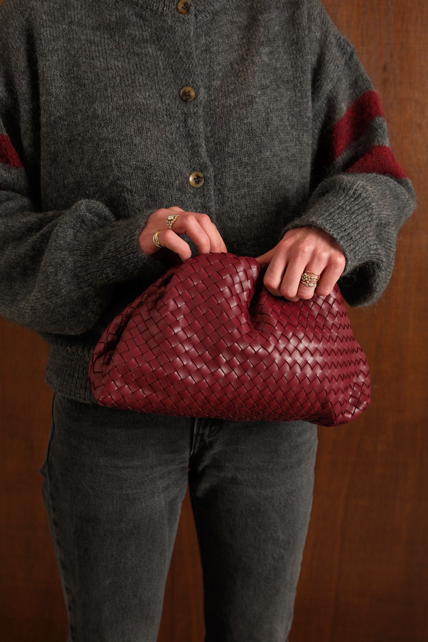 Sac pochon cuir tissé bordeaux